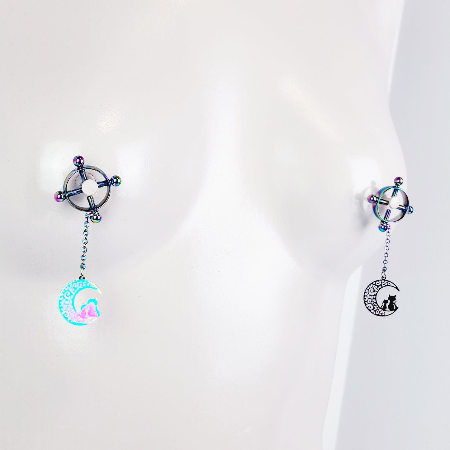 Circle Nipple Clamps, Rainbow Stainless Steel with Cats on Moon Pendants. Non Piercing Nipple, BDSM Nipple Clamps