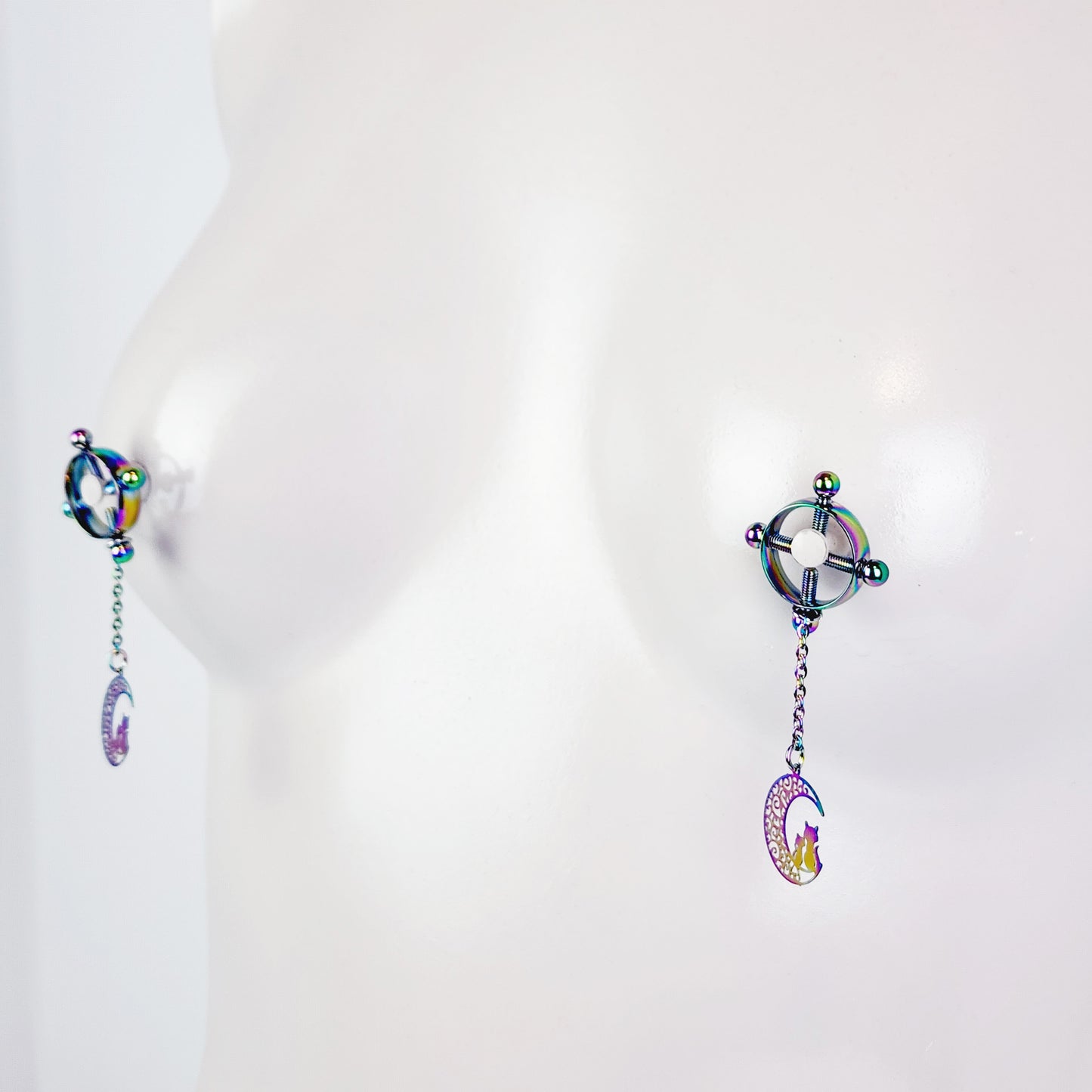 Circle Nipple Clamps, Rainbow Stainless Steel with Cats on Moon Pendants. Non Piercing Nipple, BDSM Nipple Clamps