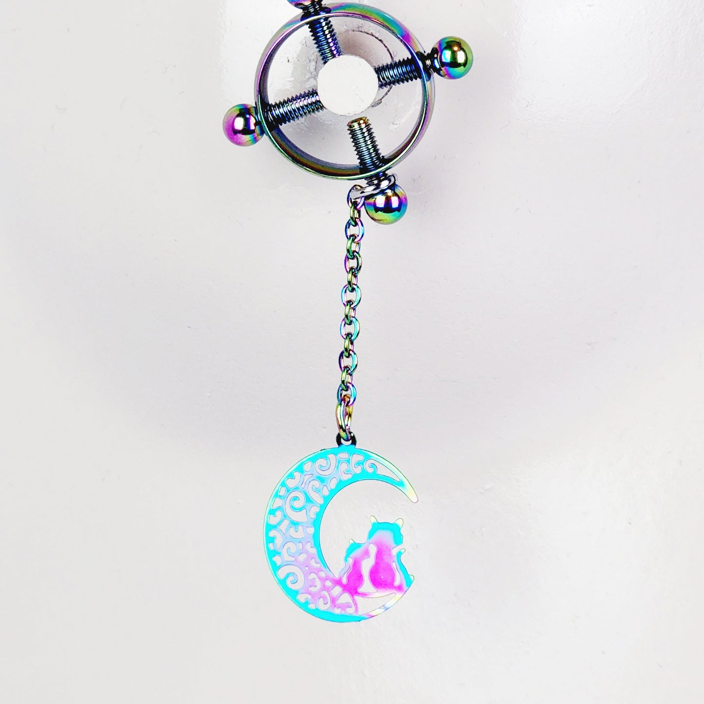 Circle Nipple Clamps, Rainbow Stainless Steel with Cats on Moon Pendants. Non Piercing Nipple, BDSM Nipple Clamps