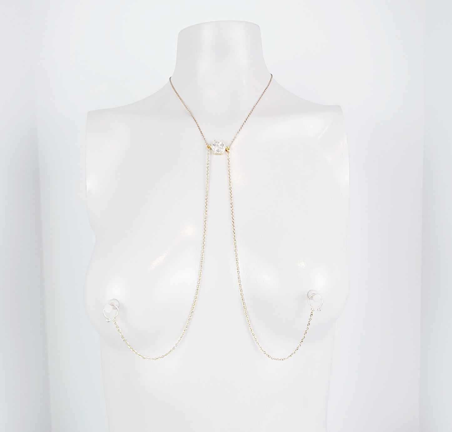 Stainless Steel Necklace to Nipple with Cubic Zirconia Pendant. Non-Piercing or with Pierced Nipples. BDSM Nipple Clamp Option.