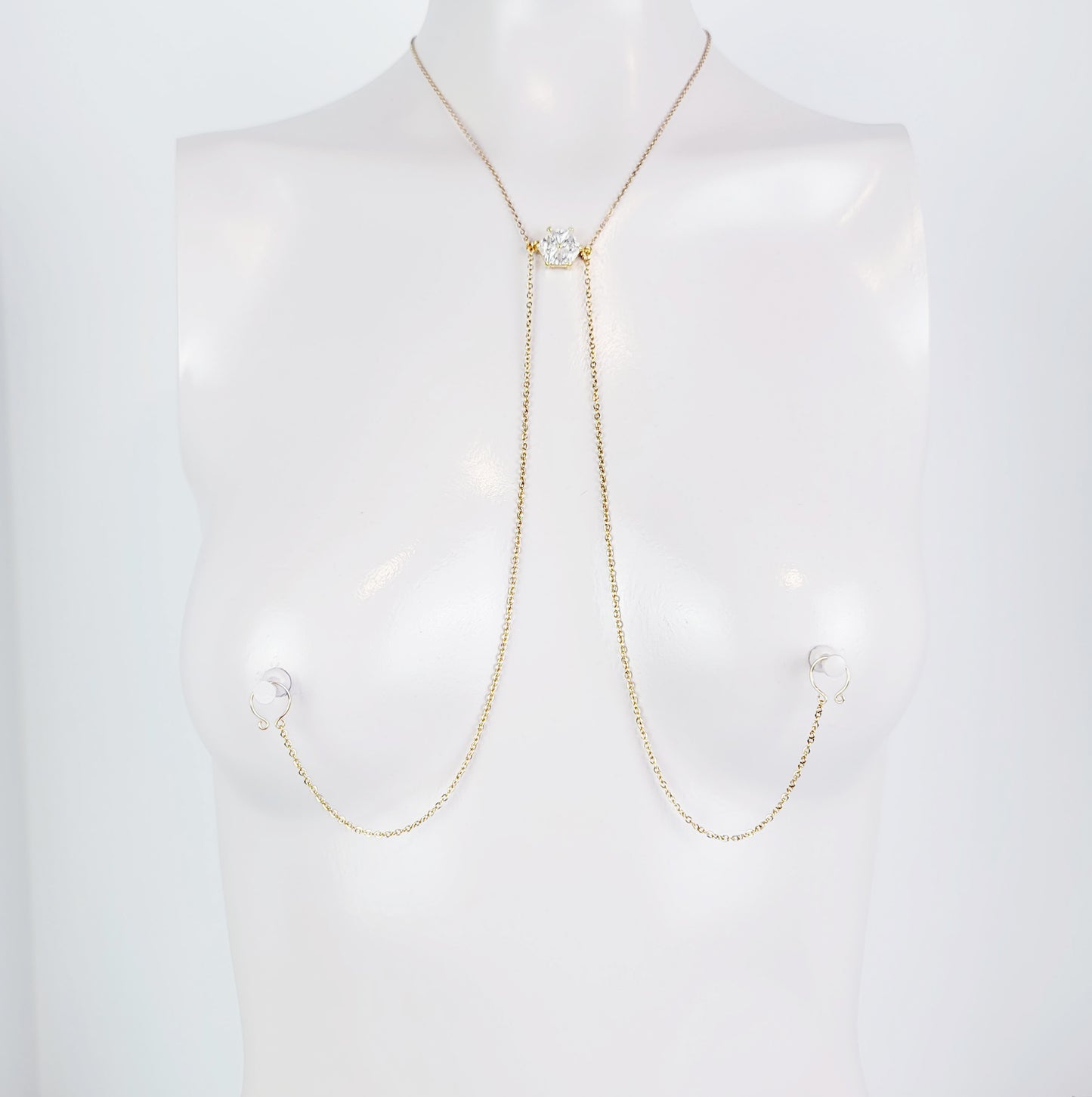 Stainless Steel Necklace to Nipple with Cubic Zirconia Pendant. Non-Piercing or with Pierced Nipples. BDSM Nipple Clamp Option.