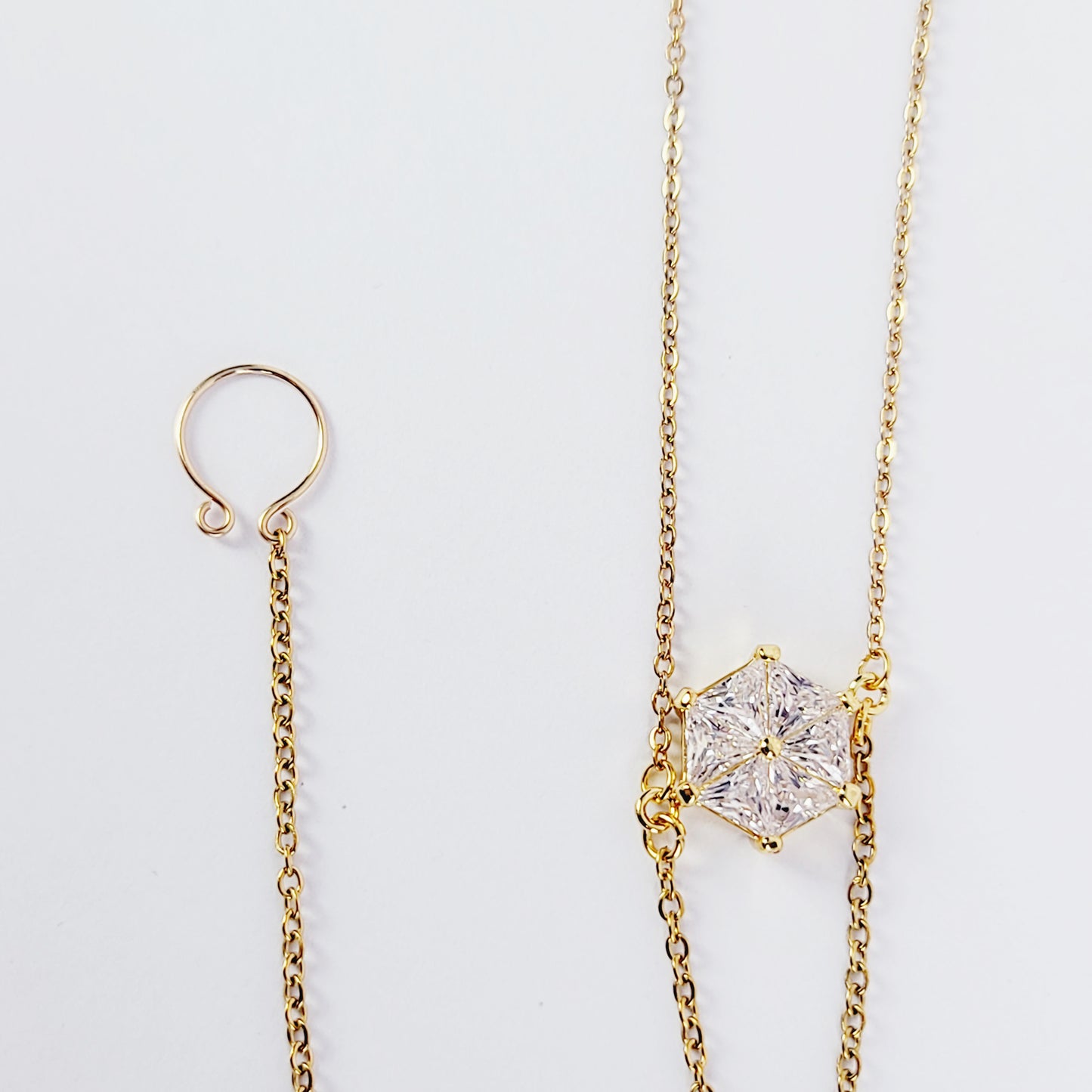 Stainless Steel Necklace to Nipple with Cubic Zirconia Pendant. Non-Piercing or with Pierced Nipples. BDSM Nipple Clamp Option.