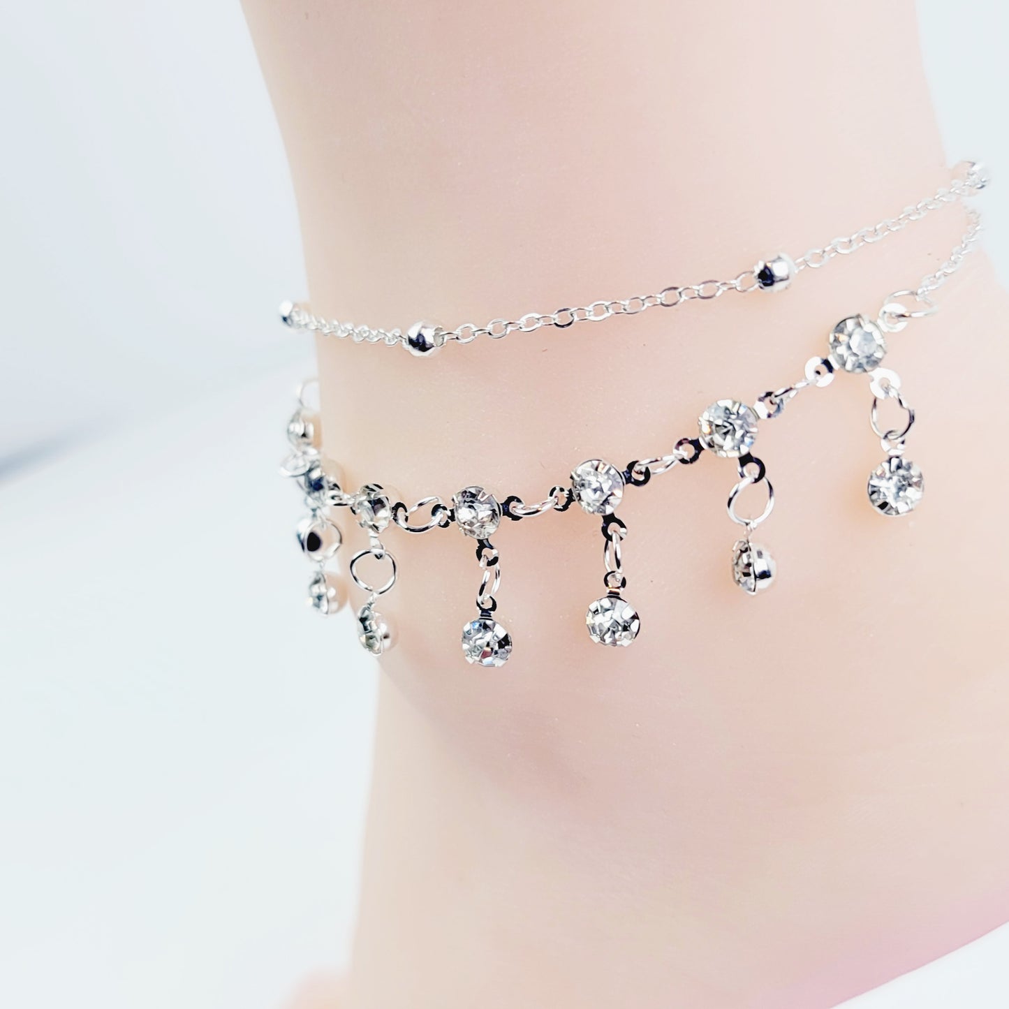 Multi-Tiered Anklet with Rhinestone Dangles.