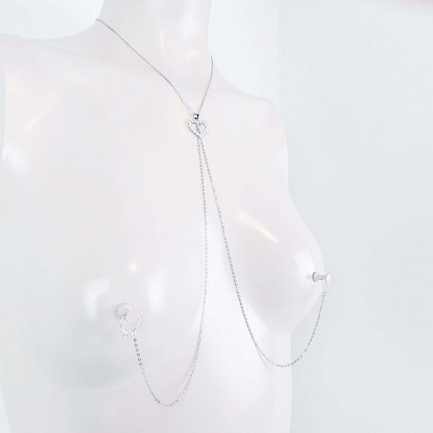 Stainless Steel Day to Evening Collar with Sparkling Heart for BDSM Submissive. Gold or Silver, with Non Piercing Nipple Chains.