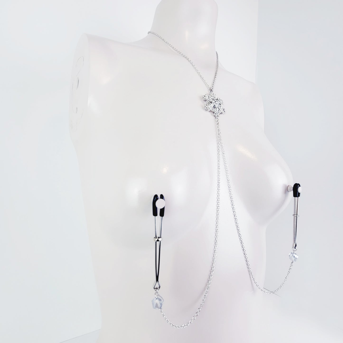 Snowflake Necklace to Nipple with Non Piercing Nipple Nooses or Your Choice of Nipple Clamps ( Tweezer Clamps shown). MATURE, BDSM