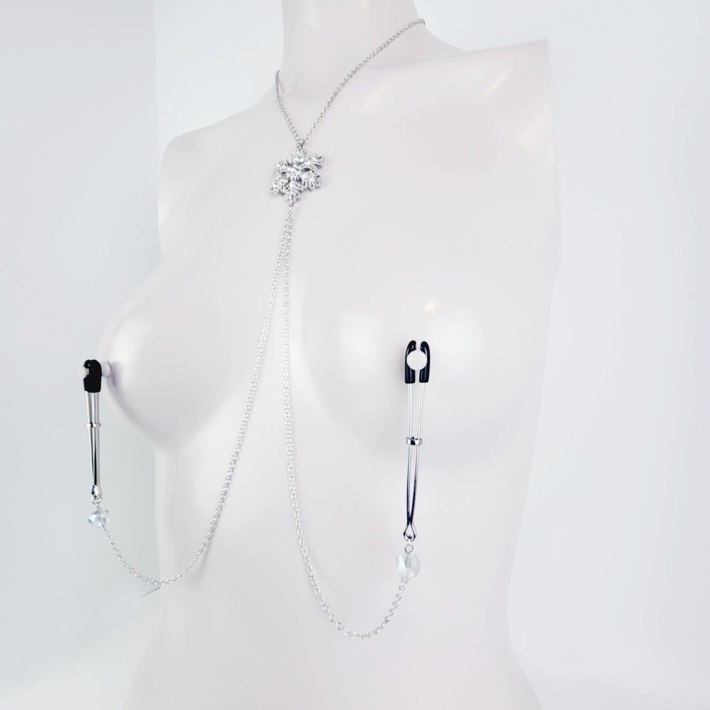 Snowflake Necklace to Nipple with Non Piercing Nipple Nooses or Your Choice of Nipple Clamps ( Tweezer Clamps shown). MATURE, BDSM