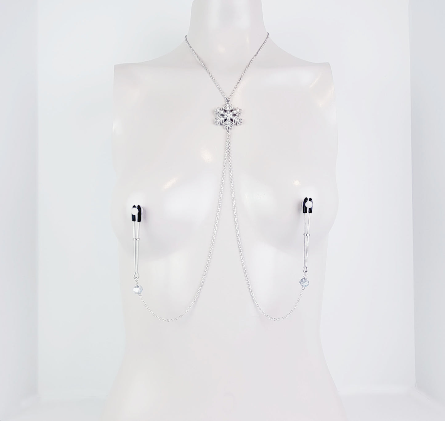Snowflake Necklace to Nipple with Non Piercing Nipple Nooses or Your Choice of Nipple Clamps ( Tweezer Clamps shown). MATURE, BDSM