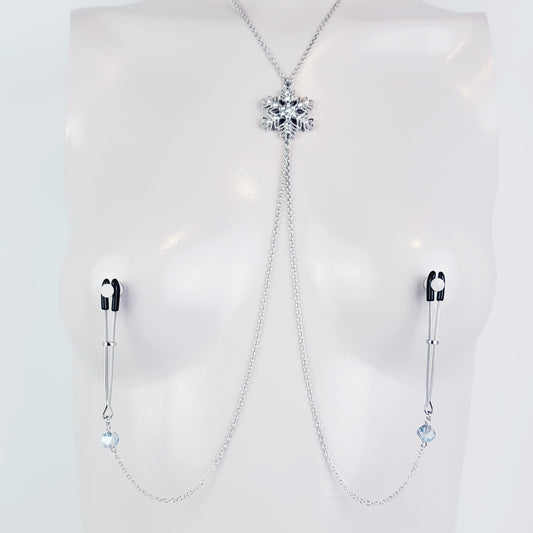 Snowflake Necklace to Nipple with Non Piercing Nipple Nooses or Your Choice of Nipple Clamps ( Tweezer Clamps shown). MATURE, BDSM