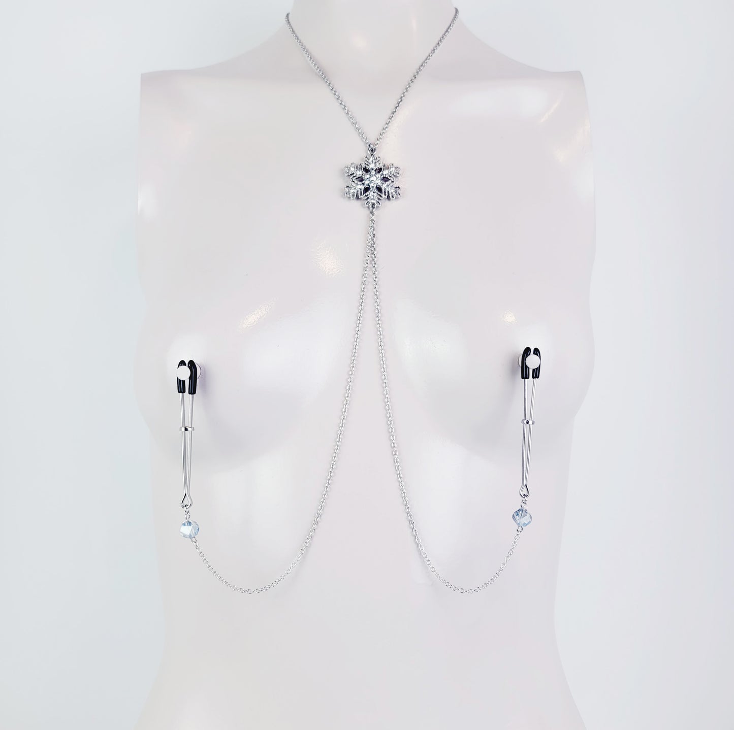 Snowflake Necklace to Nipple with Non Piercing Nipple Nooses or Your Choice of Nipple Clamps ( Tweezer Clamps shown). MATURE, BDSM