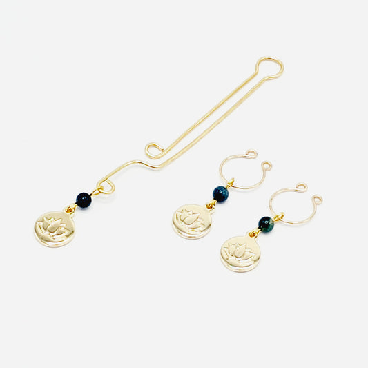Nipple and Clitoral Labia Clip Set, Non Piercing, Gold, with Green Jasper and 18k Gold Lotus Blossom.
