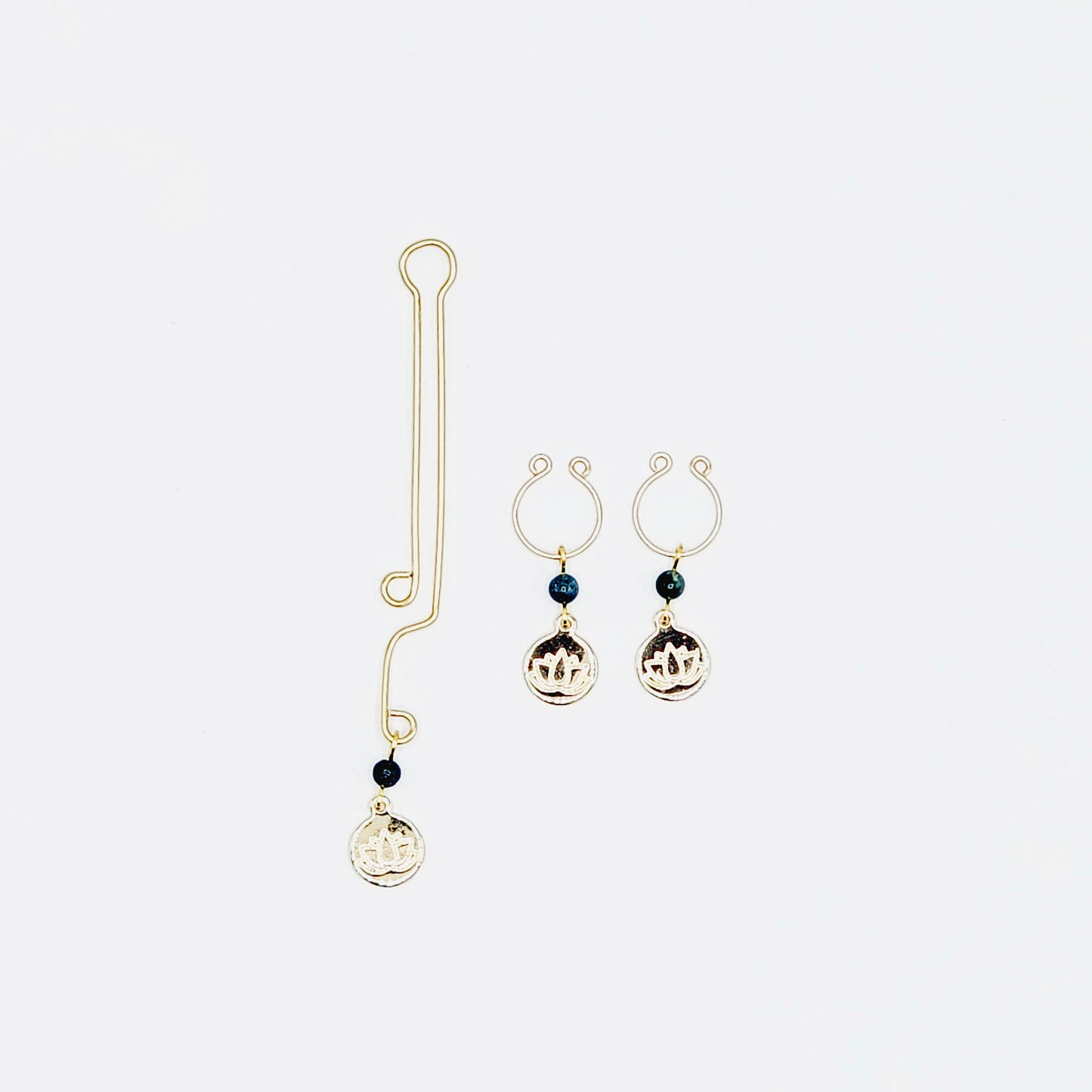 Nipple and Clitoral Labia Clip Set, Non Piercing, Gold, with Green Jasper and 18k Gold Lotus Blossom.