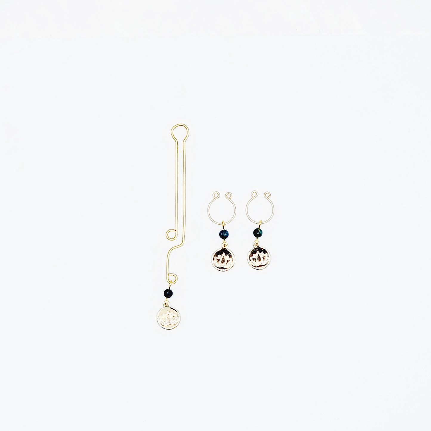 Nipple and Clitoral Labia Clip Set, Non Piercing, Gold, with Green Jasper and 18k Gold Lotus Blossom.