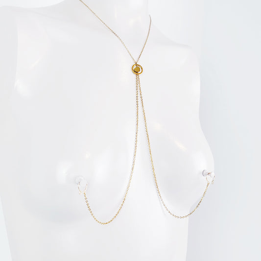 Stainless Steel Circle of O with Heart Necklace to Nipple, Silver, Gold, or Rose Gold with Non Piercing Nipple Nooses or Clamps.