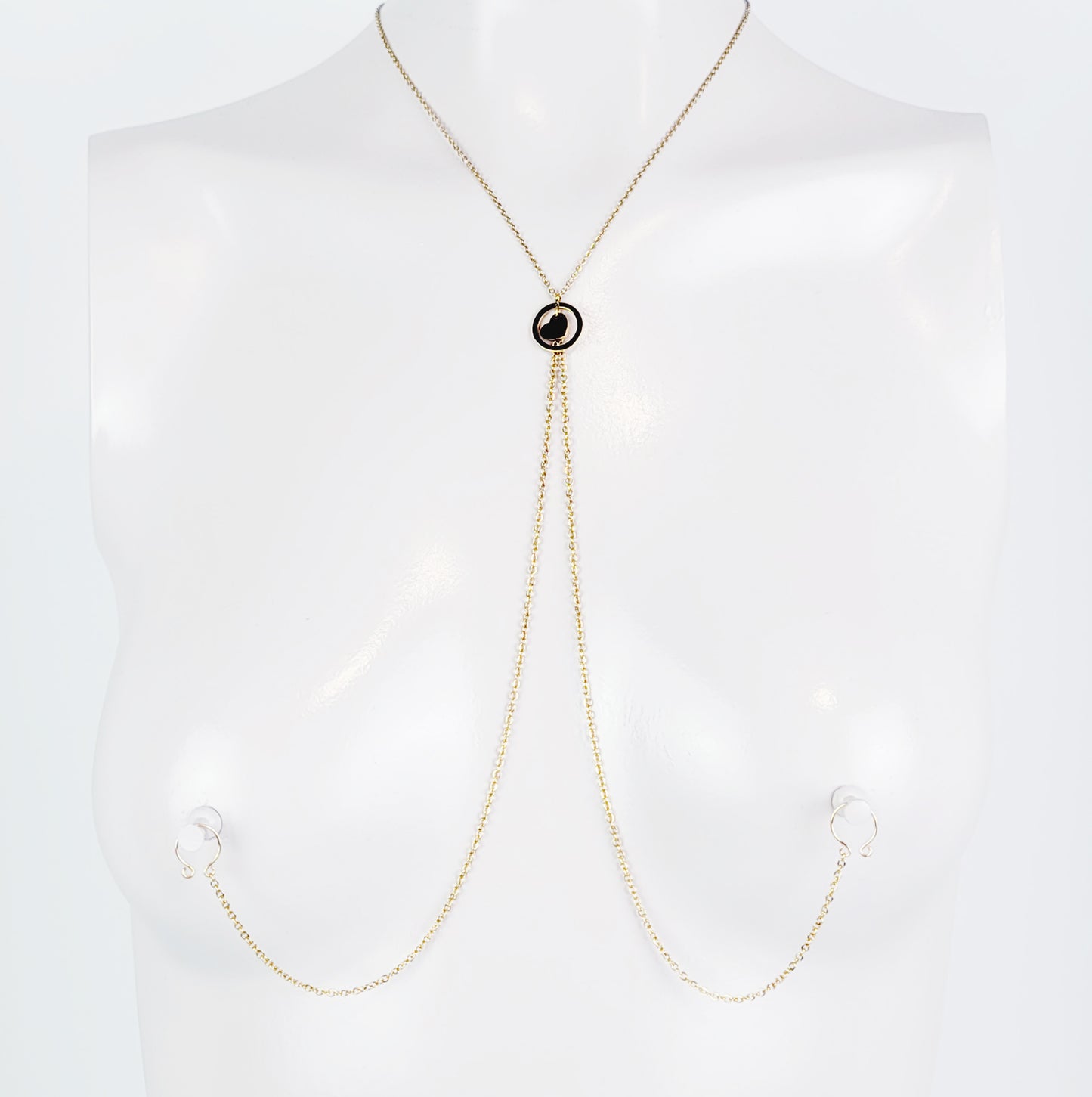 Stainless Steel Circle of O with Heart Necklace to Nipple, Silver, Gold, or Rose Gold with Non Piercing Nipple Nooses or Clamps.