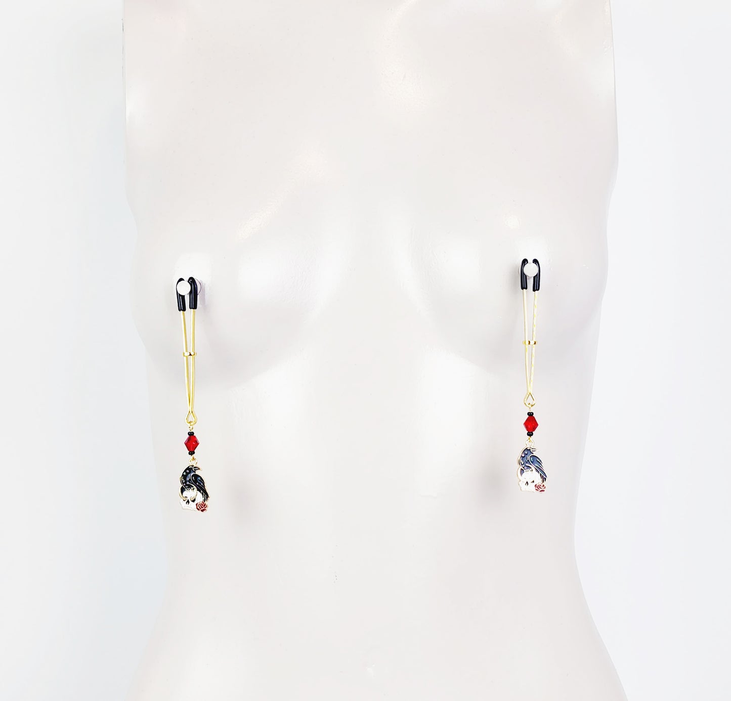 Nipple Clamps With Skull and Raven. Gold Tweezer Clamps. Gothic, MATURE, BDSM