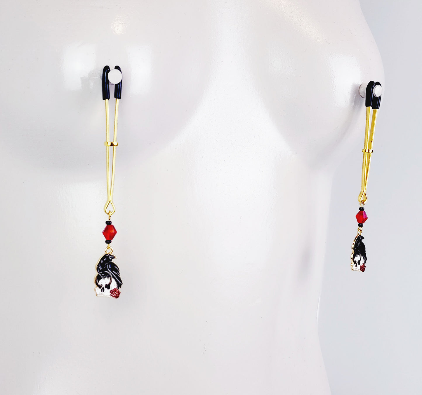 Nipple Clamps With Skull and Raven. Gold Tweezer Clamps. Gothic, MATURE, BDSM
