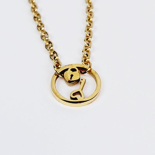 Gold Stainless Steel Discreet Day Collar, Circle of O Pendant with Padlock and Key Design