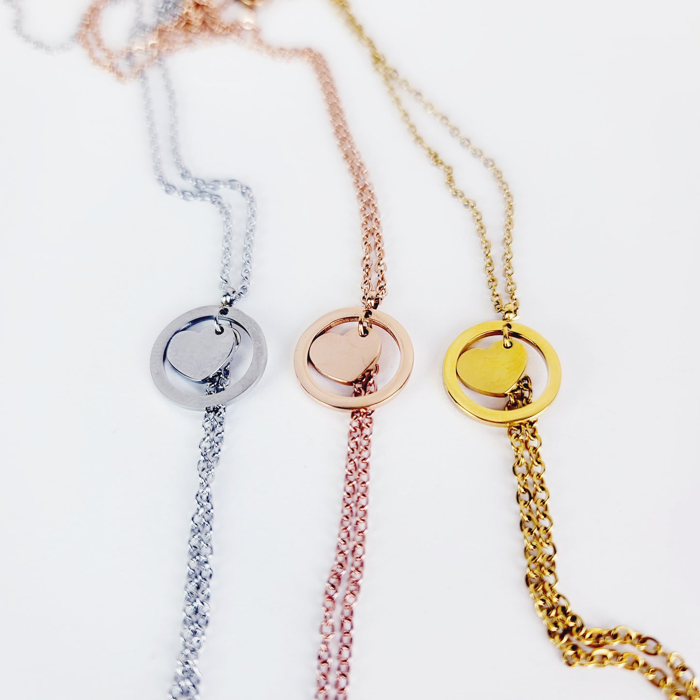 Stainless Steel Circle of O with Heart Necklace to Nipple, Silver, Gold, or Rose Gold with Non Piercing Nipple Nooses or Clamps.