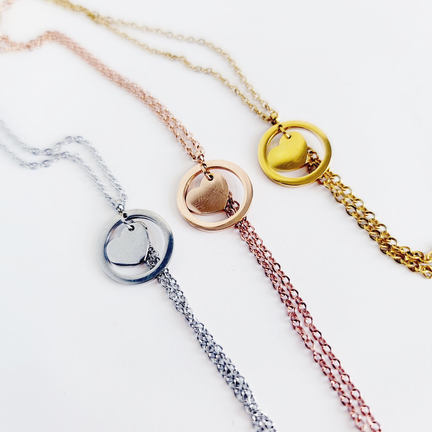Stainless Steel Circle of O with Heart Necklace to Nipple, Silver, Gold, or Rose Gold with Non Piercing Nipple Nooses or Clamps.