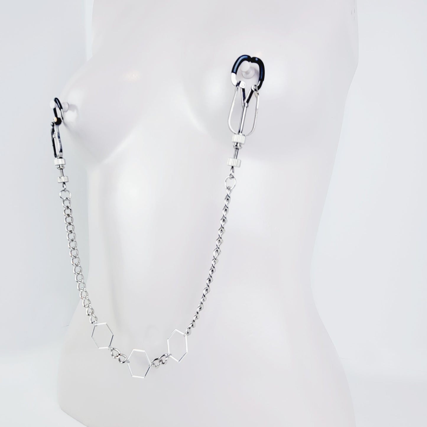 BDSM Nipple Clamps. Beetle Clamps with Hexagons and Chain.