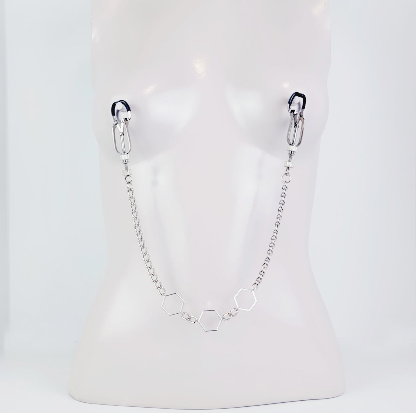 BDSM Nipple Clamps. Beetle Clamps with Hexagons and Chain.