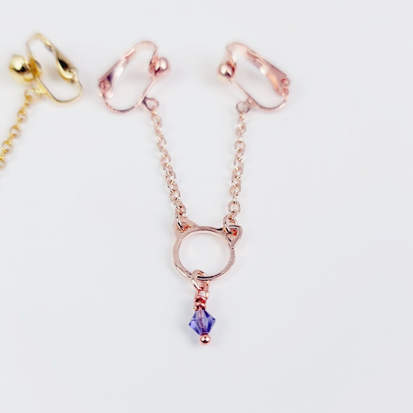 Labia Chain Dangle with Kitten and Crystal. Gold, Rose Gold, or Silver