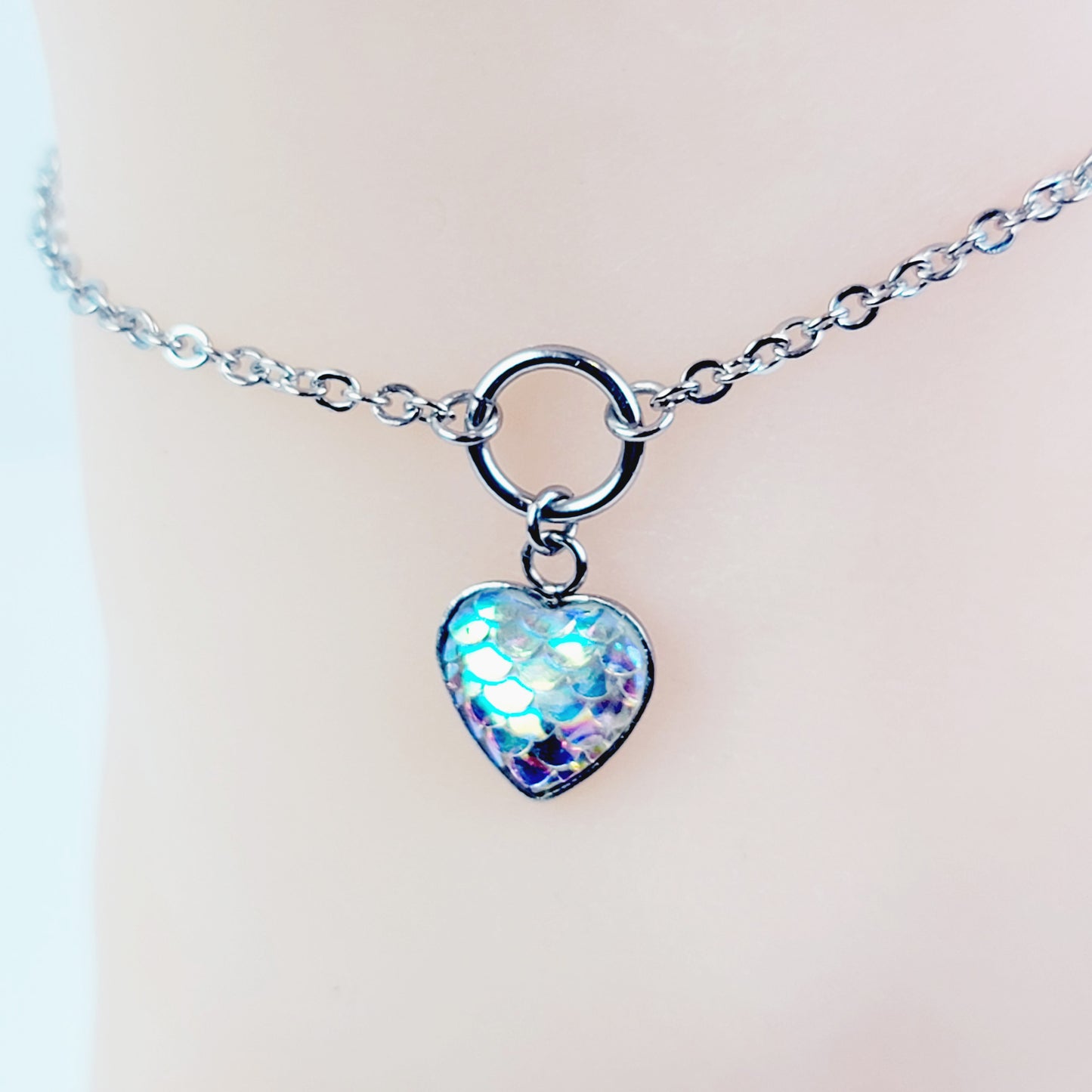 Circle of O Anklet with Mermaid/Dragon Scale Heart. Stainless Steel