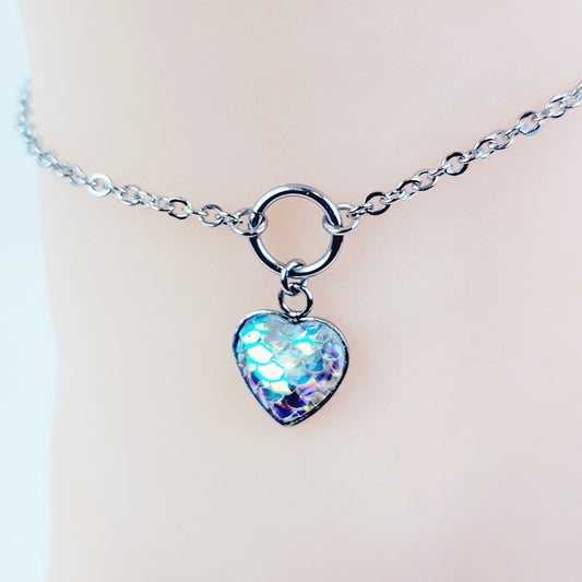 Circle of O Anklet with Mermaid/Dragon Scale Heart. Stainless Steel