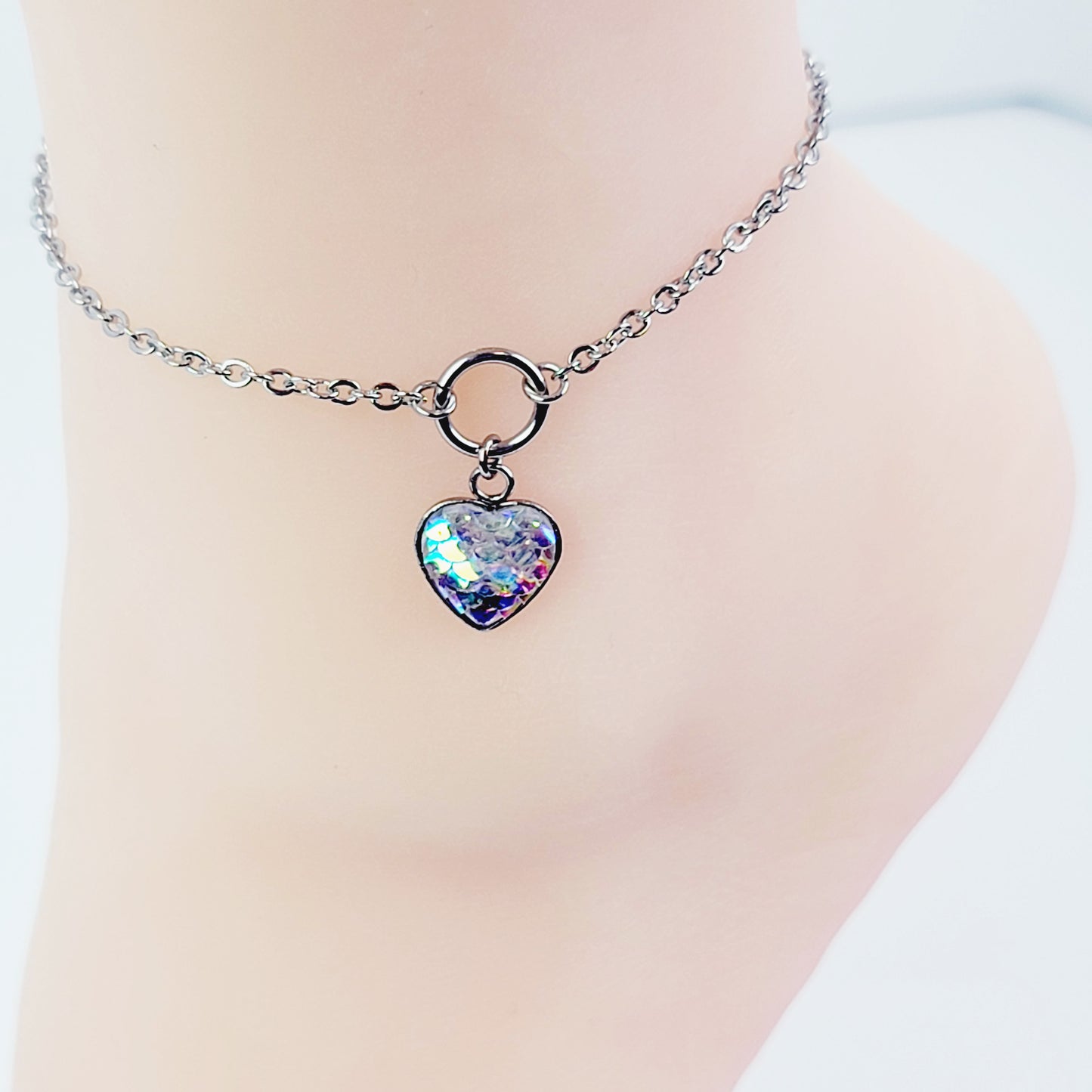 Circle of O Anklet with Mermaid/Dragon Scale Heart. Stainless Steel