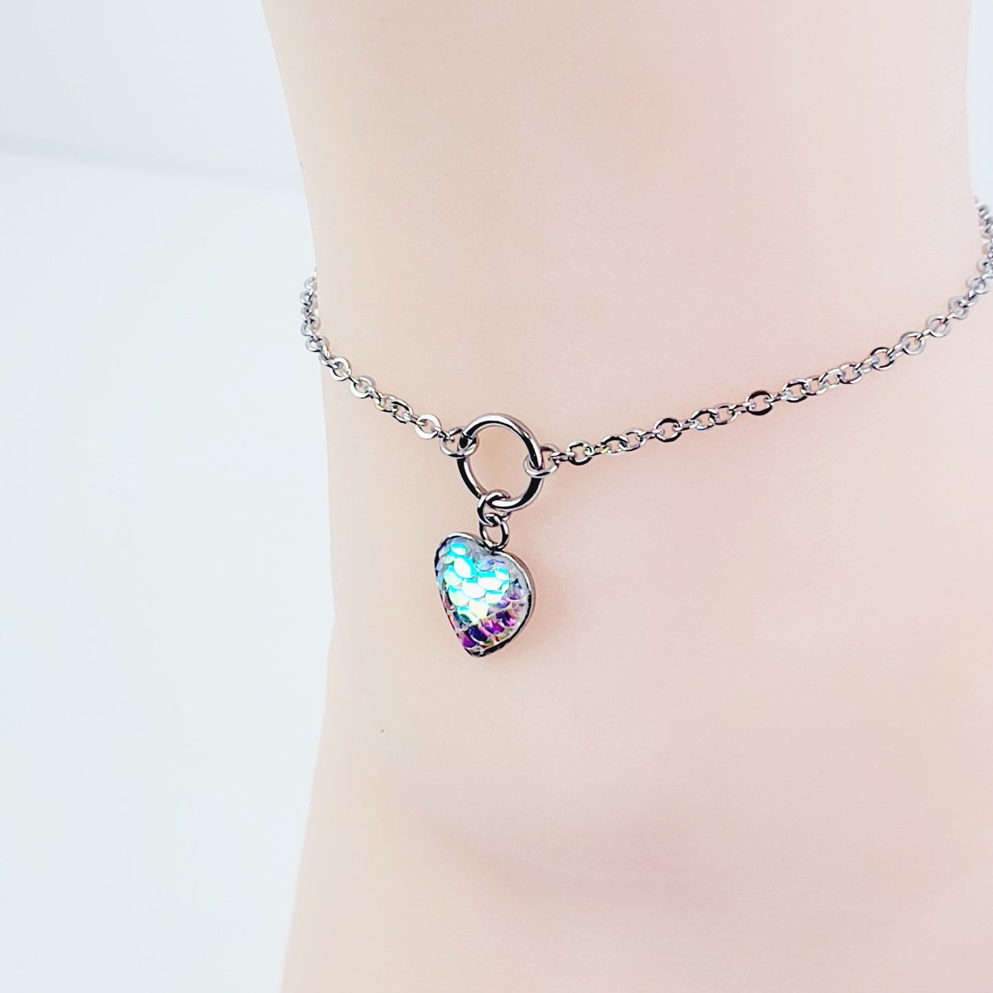 Circle of O Anklet with Mermaid/Dragon Scale Heart. Stainless Steel