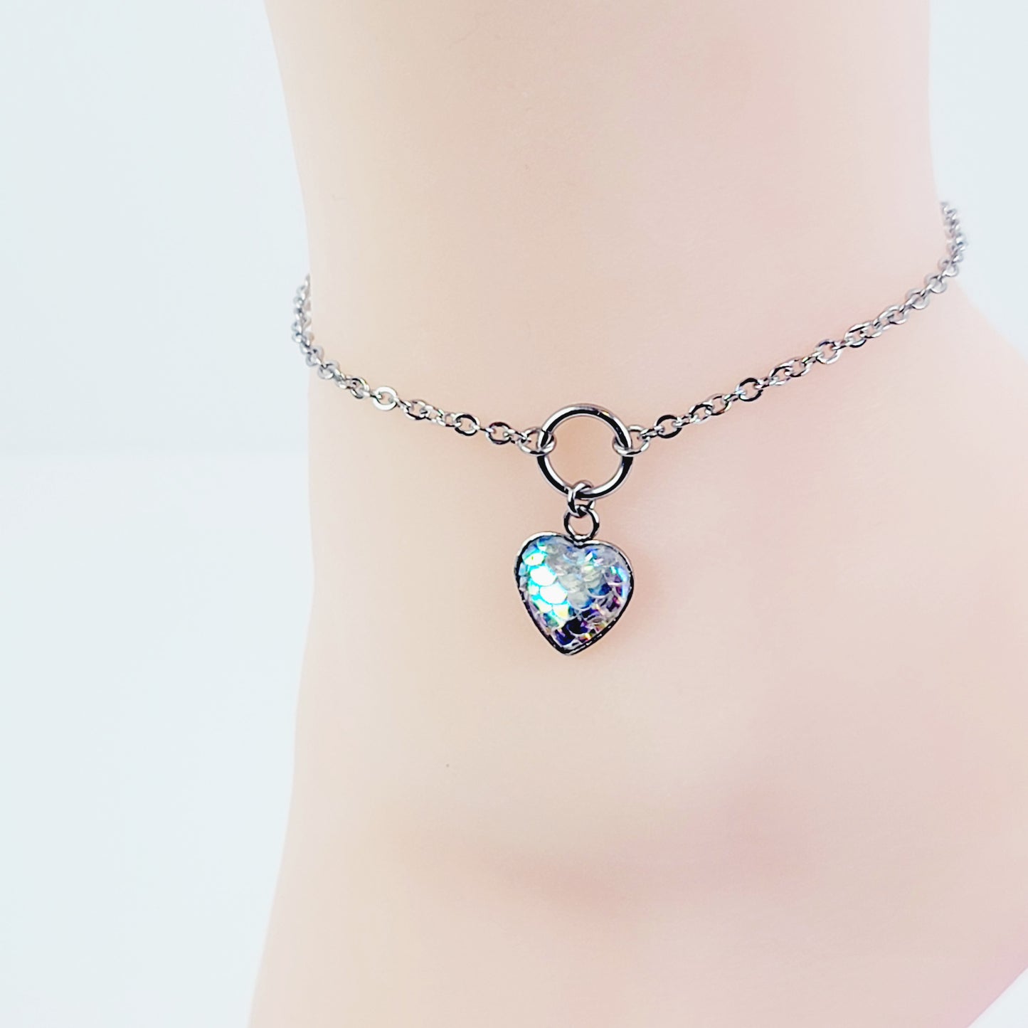 Circle of O Anklet with Mermaid/Dragon Scale Heart. Stainless Steel