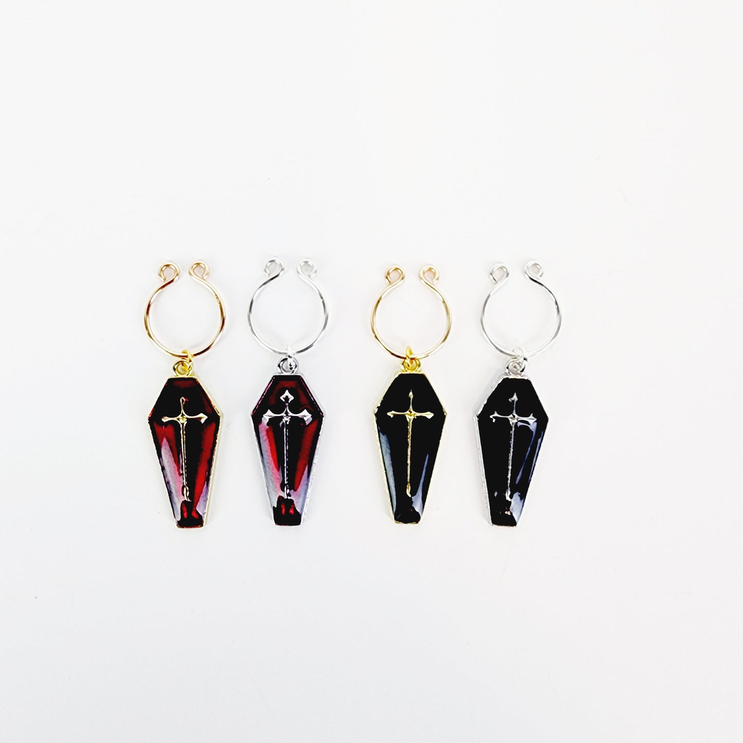 Non Piercing Nipple Rings, Gold with Black or Red Coffins. Gothic Body Jewelry.