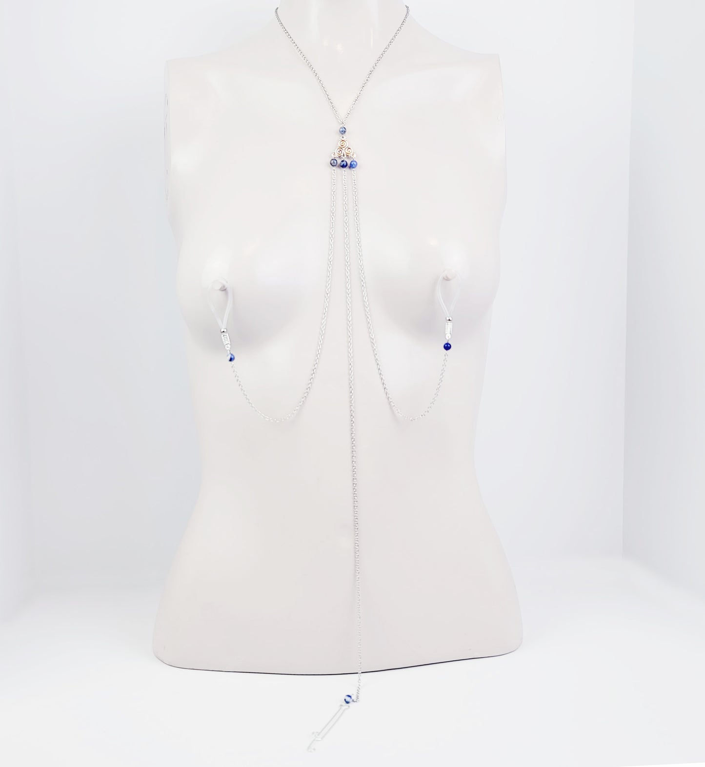 Triskelion Necklace to Nooses with Sodalite Stone Beads and Labia Clip. Non Piercing Intimate Body Jewelry for Women.