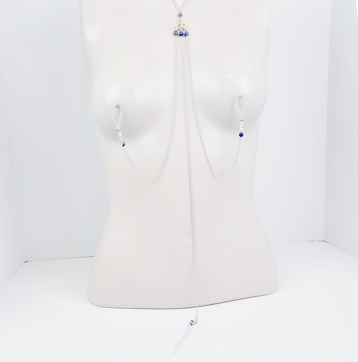 Triskelion Necklace to Nooses with Sodalite Stone Beads and Labia Clip. Non Piercing Intimate Body Jewelry for Women.