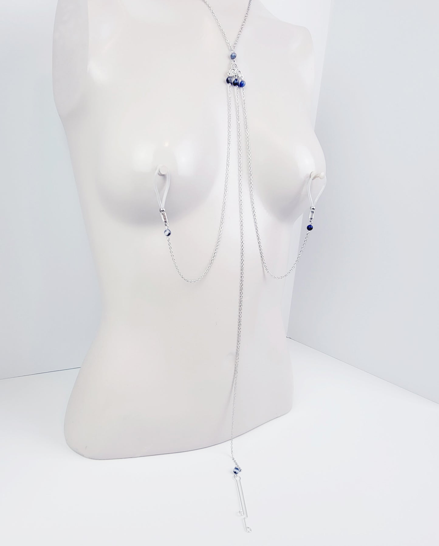 Triskelion Necklace to Nooses with Sodalite Stone Beads and Labia Clip. Non Piercing Intimate Body Jewelry for Women.