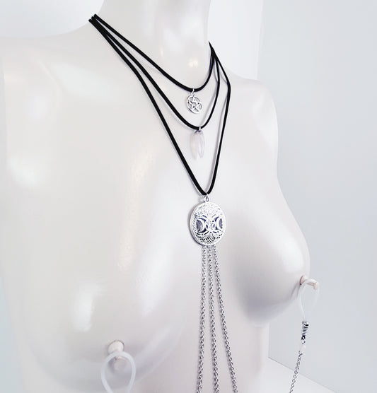 Multi Necklace Set with Amethyst- Necklace to Nipple, Non Piercing and Nipple Clamp Options.
