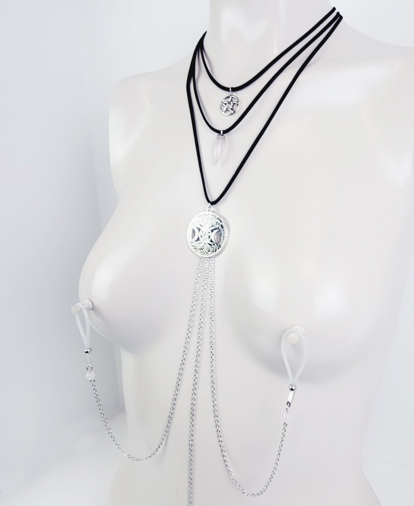 Multi Necklace Set with Amethyst- Necklace to Nipple, Non Piercing and Nipple Clamp Options.
