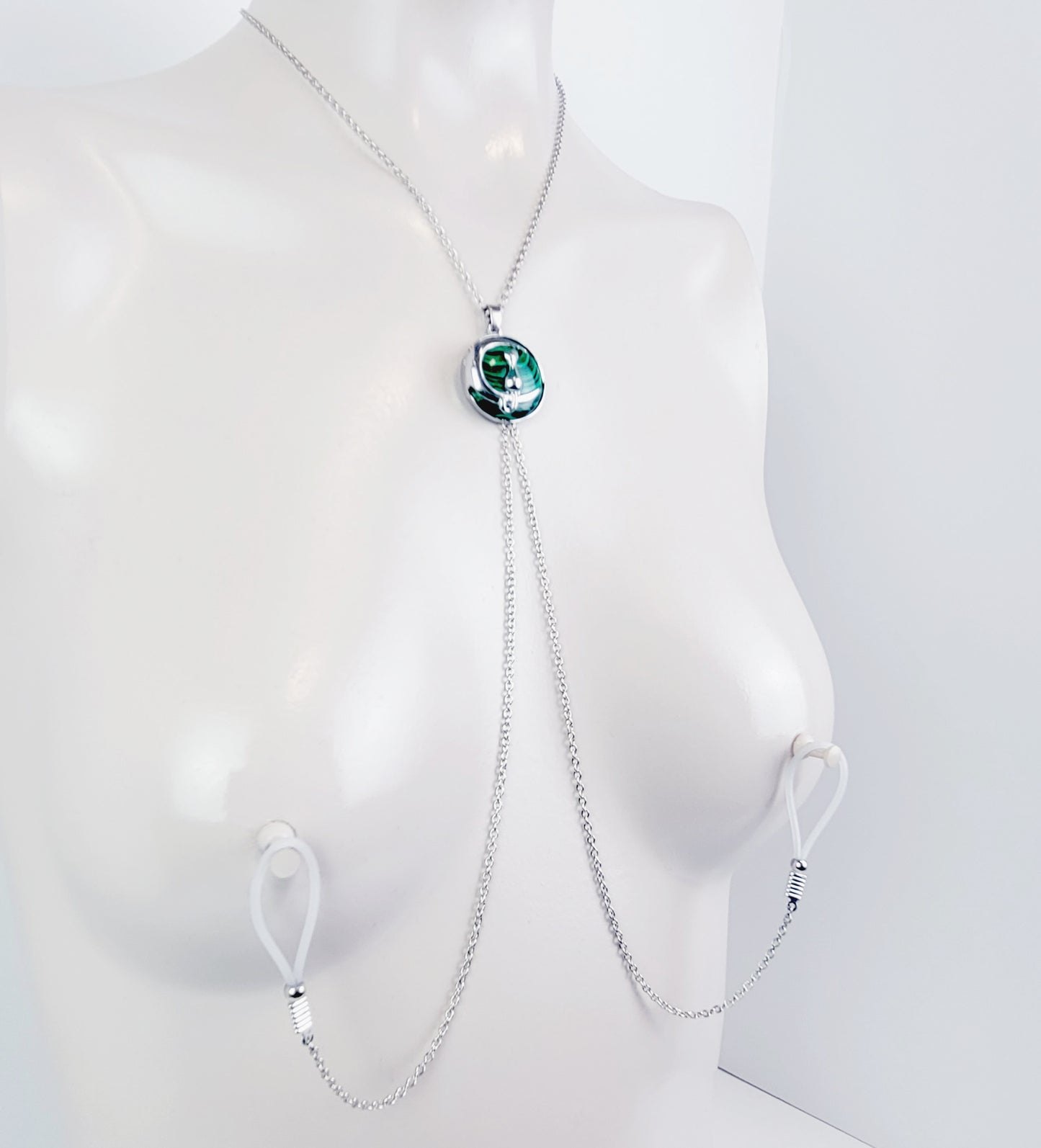 Necklace to Nipple, Non Piercing with Kitten On Moon Crystal Pendant of Your Choice. Multiple Nipple Attachments Options.