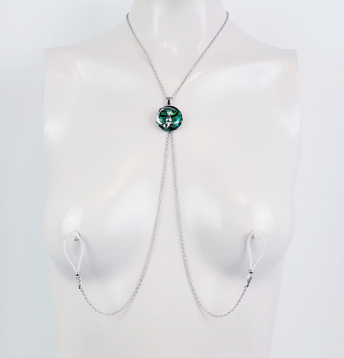 Necklace to Nipple, Non Piercing with Kitten On Moon Crystal Pendant of Your Choice. Multiple Nipple Attachments Options.