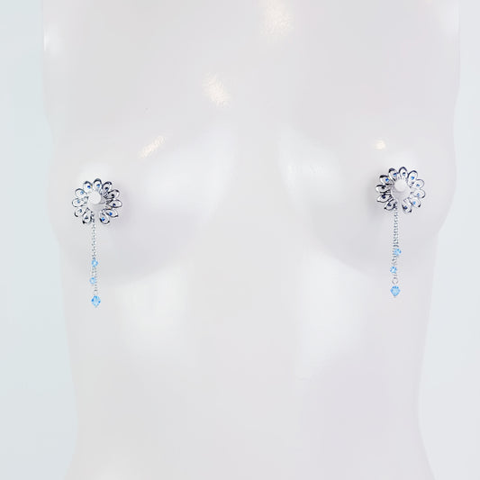 Nipple Shields with Blue Crystals and chain Dangles, Non Piercing Nipple Rings. MATURE, BDSM, Erotic Body Jewelry for Women