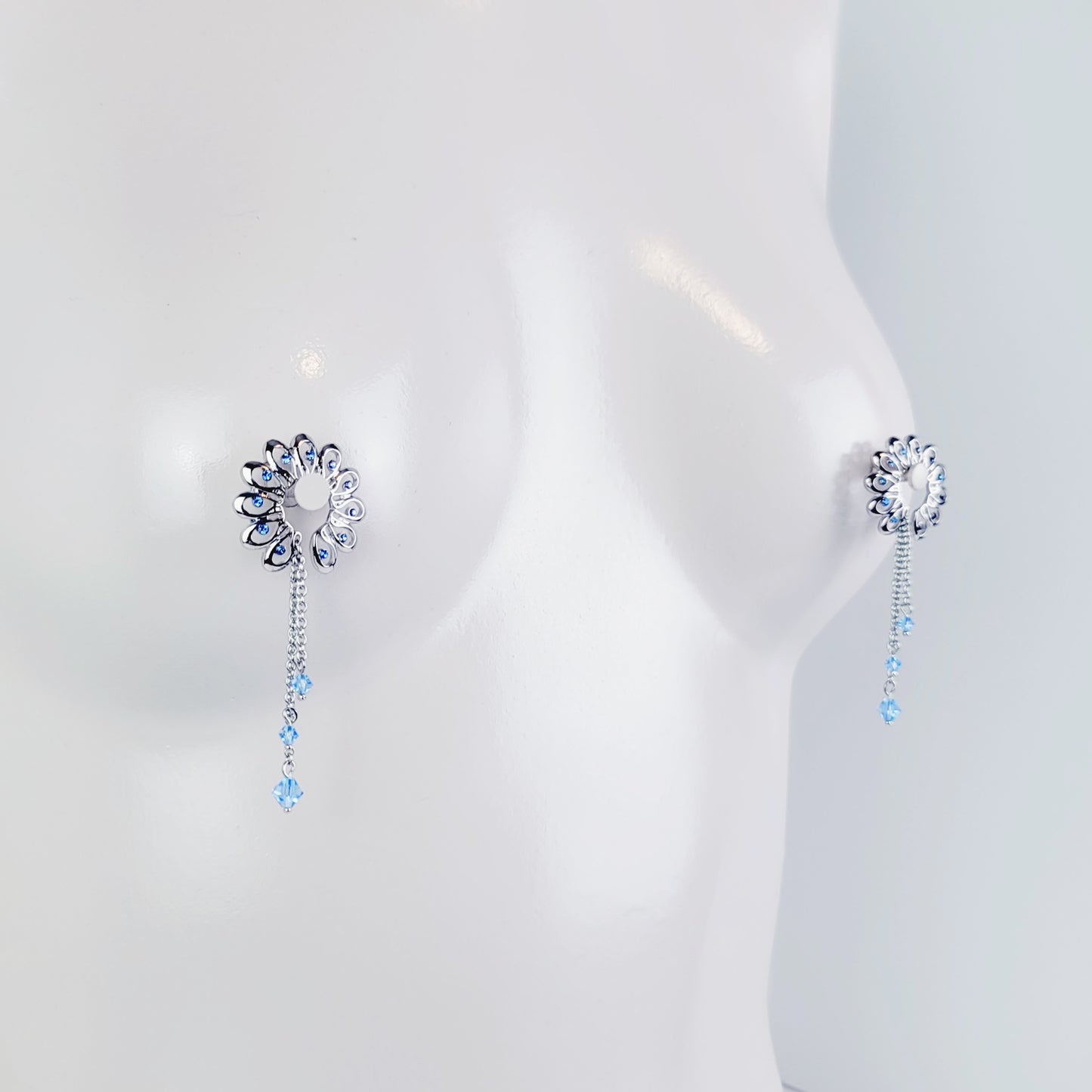 Nipple Shields with Blue Crystals and chain Dangles, Non Piercing Nipple Rings. MATURE, BDSM, Erotic Body Jewelry for Women