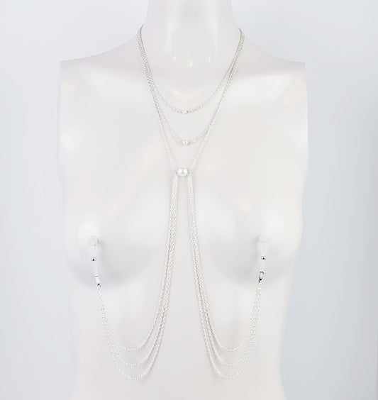 Seductive Multi- Tiered Pearl Necklace- Necklace to Nipple, Non-Piercing Nipple Nooses or Nipple Clamp Options.