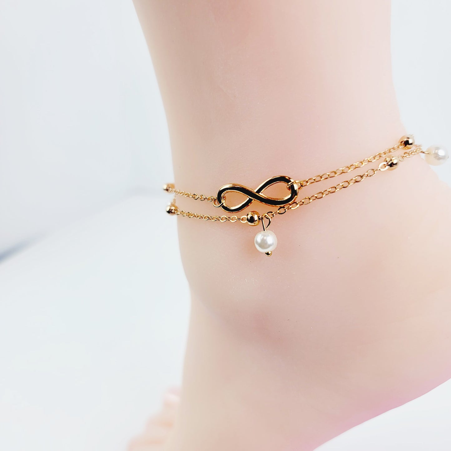 Silver or Gold Infinity Anklet with Pearls