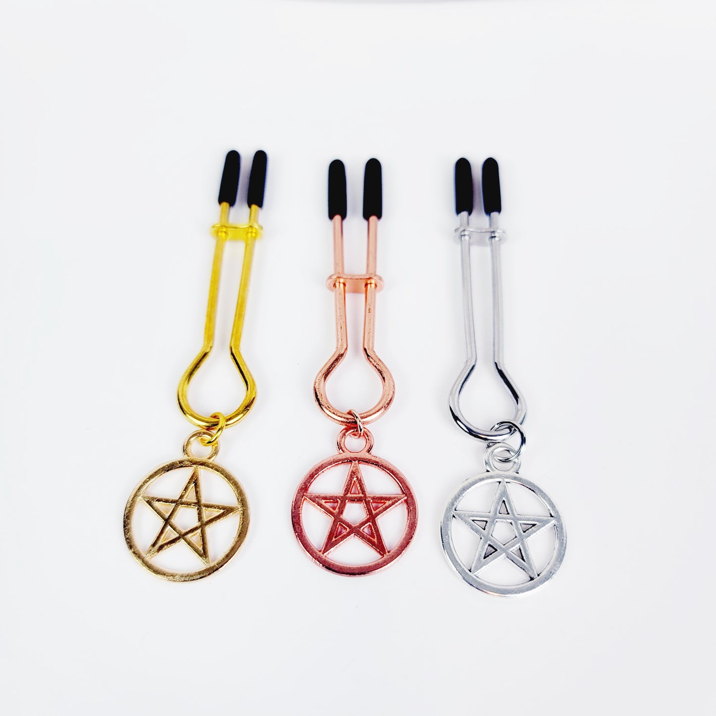 Pentacle Nipple Clamps, Straight Tweezer Style, in Gold, Silver, or Rose Gold