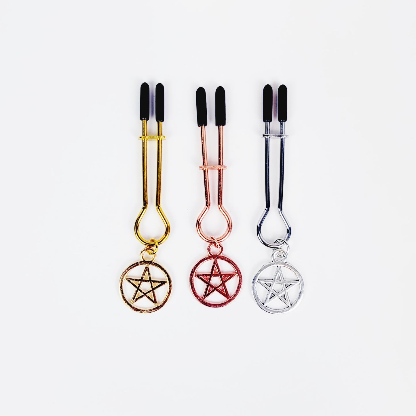 Pentacle Nipple Clamps, Straight Tweezer Style, in Gold, Silver, or Rose Gold