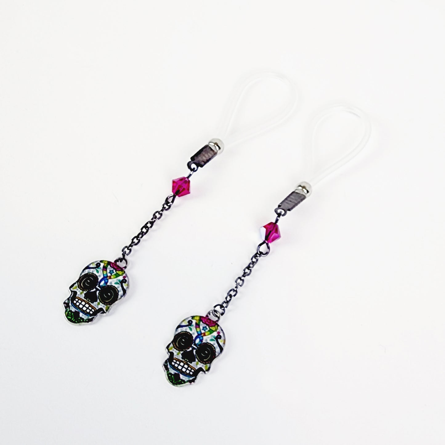Non Piercing Nipple Dangles or Clamps with Crystal and Sugar Skull. Not Pierced Nipple Jewelry. MATURE, BDSM
