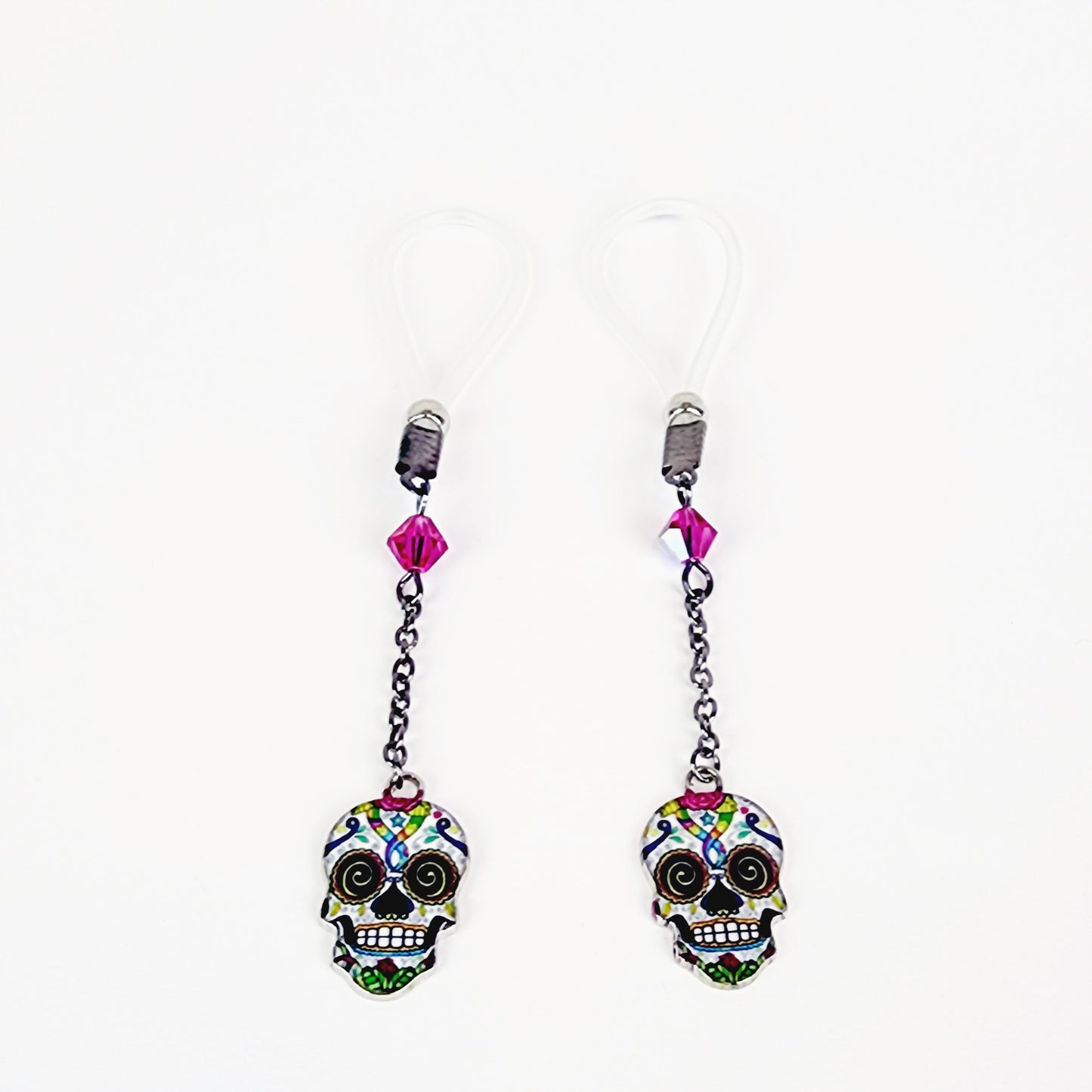Non Piercing Nipple Dangles or Clamps with Crystal and Sugar Skull. Not Pierced Nipple Jewelry. MATURE, BDSM