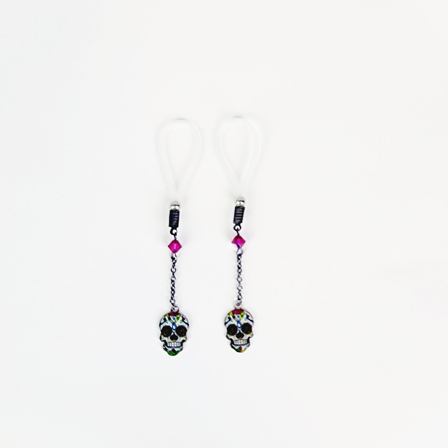 Non Piercing Nipple Dangles or Clamps with Crystal and Sugar Skull. Not Pierced Nipple Jewelry. MATURE, BDSM