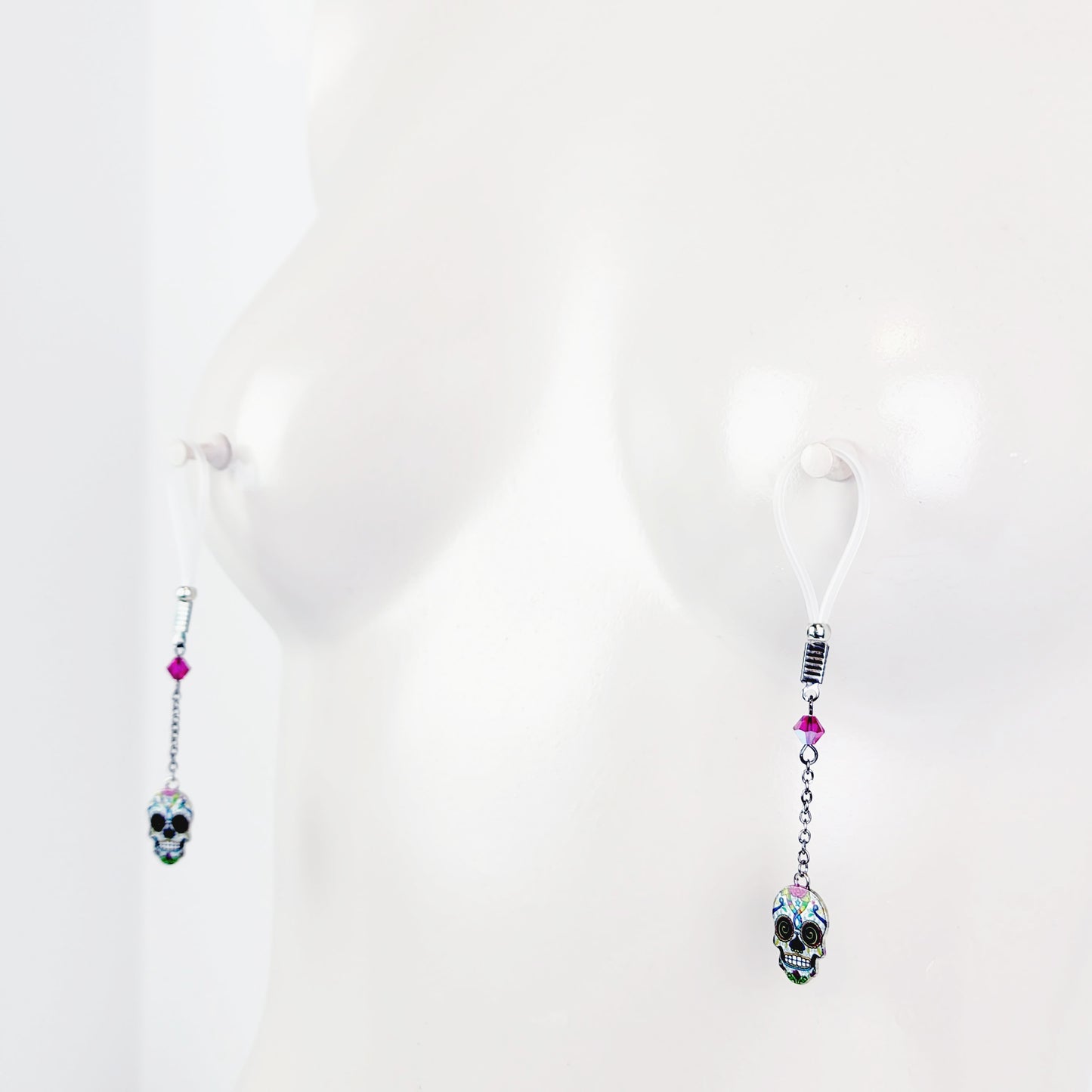 Non Piercing Nipple Dangles or Clamps with Crystal and Sugar Skull. Not Pierced Nipple Jewelry. MATURE, BDSM