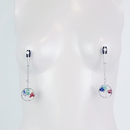 Nipple Clamps with Gemstone Tree of Life Pendant. Shown on Tweezer Clamps. Non-Piercing Nipple.